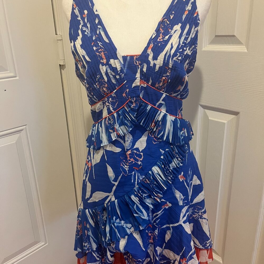 Tanya Taylor Blue White Floral Midi Dress with Coral Accents